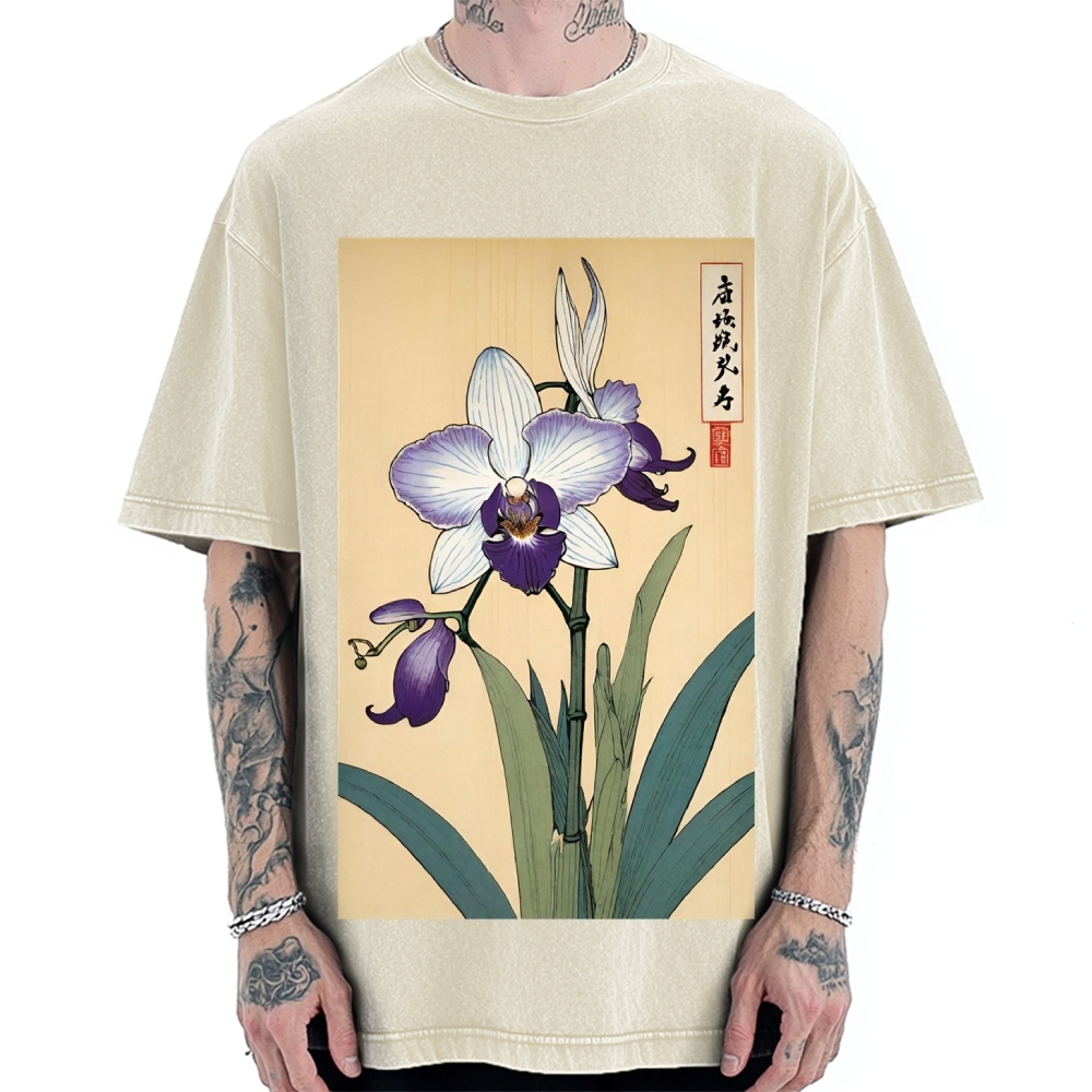Japanese Orchid Ukiyo-E Style Vintage Washed T-shirt