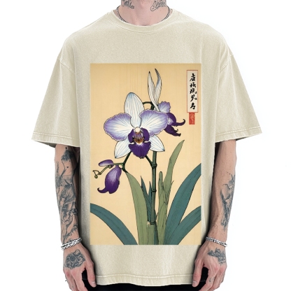Japanese Orchid Ukiyo-E Style Vintage Washed T-shirt