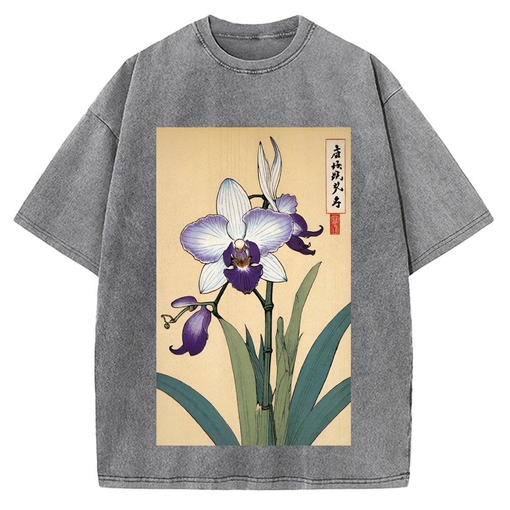 Japanese Orchid Ukiyo-E Style Vintage Washed T-shirt