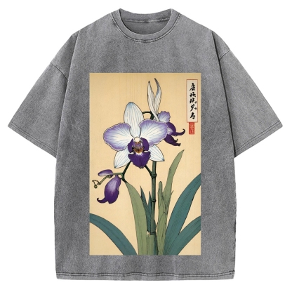 Japanese Orchid Ukiyo-E Style Vintage Washed T-shirt