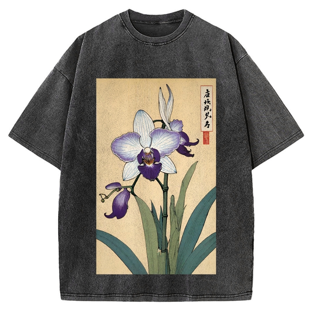 Japanese Orchid Ukiyo-E Style Vintage Washed T-shirt
