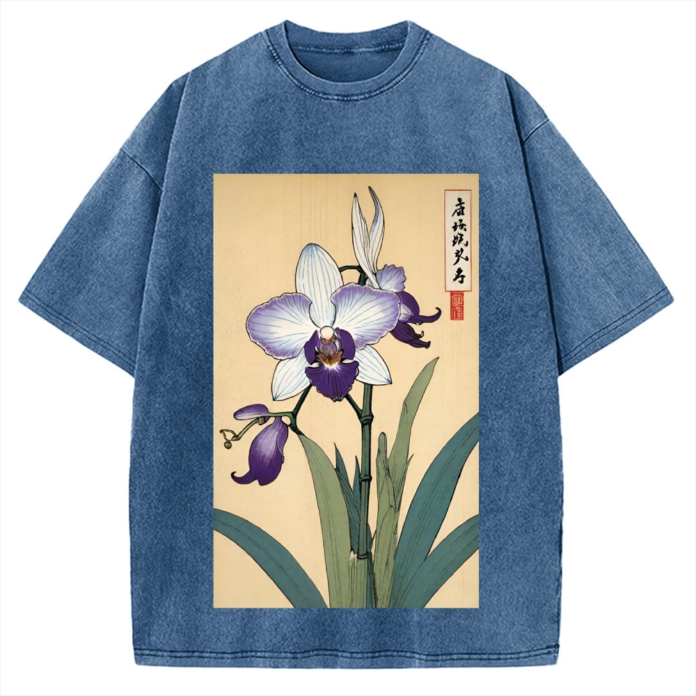 Japanese Orchid Ukiyo-E Style Vintage Washed T-shirt