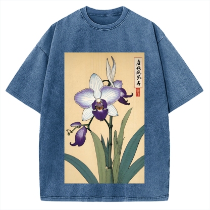 Japanese Orchid Ukiyo-E Style Vintage Washed T-shirt