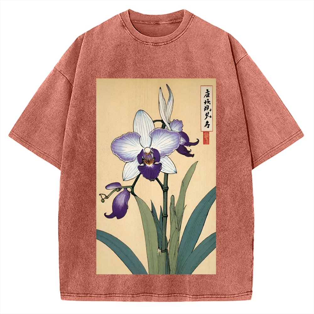Japanese Orchid Ukiyo-E Style Vintage Washed T-shirt