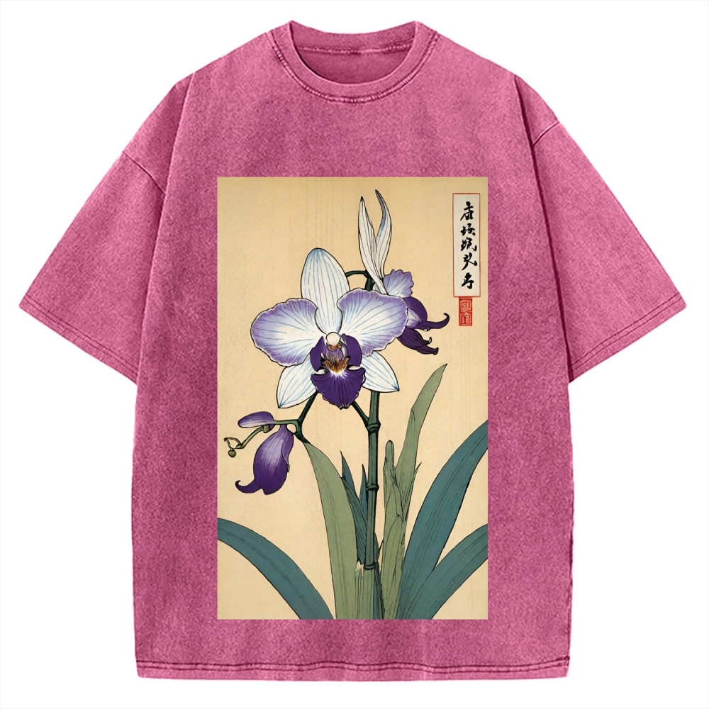 Japanese Orchid Ukiyo-E Style Vintage Washed T-shirt
