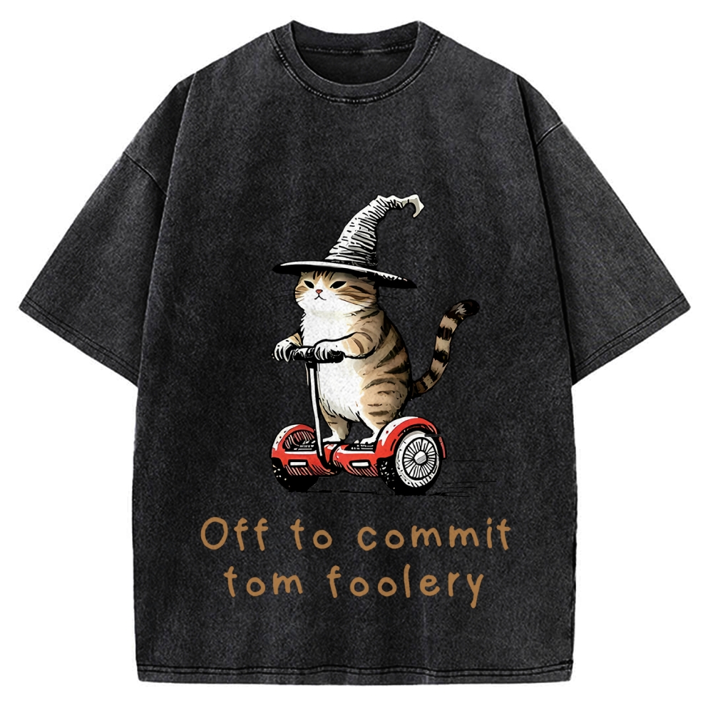 Off To Commit Tom Foolery Cat Vintage Washed T-shirt