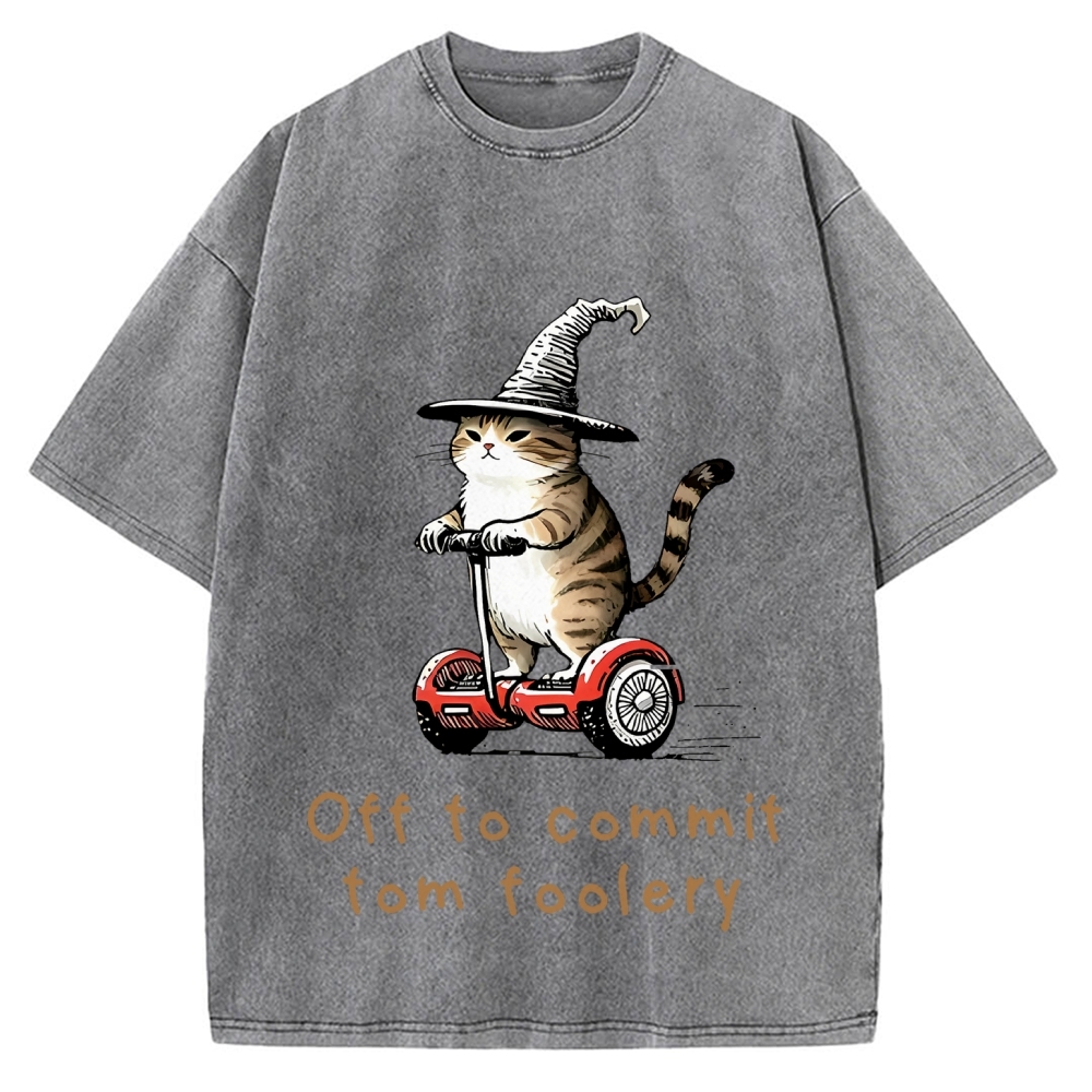 Off To Commit Tom Foolery Cat Vintage Washed T-shirt