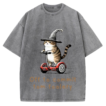 Off To Commit Tom Foolery Cat Vintage Washed T-shirt