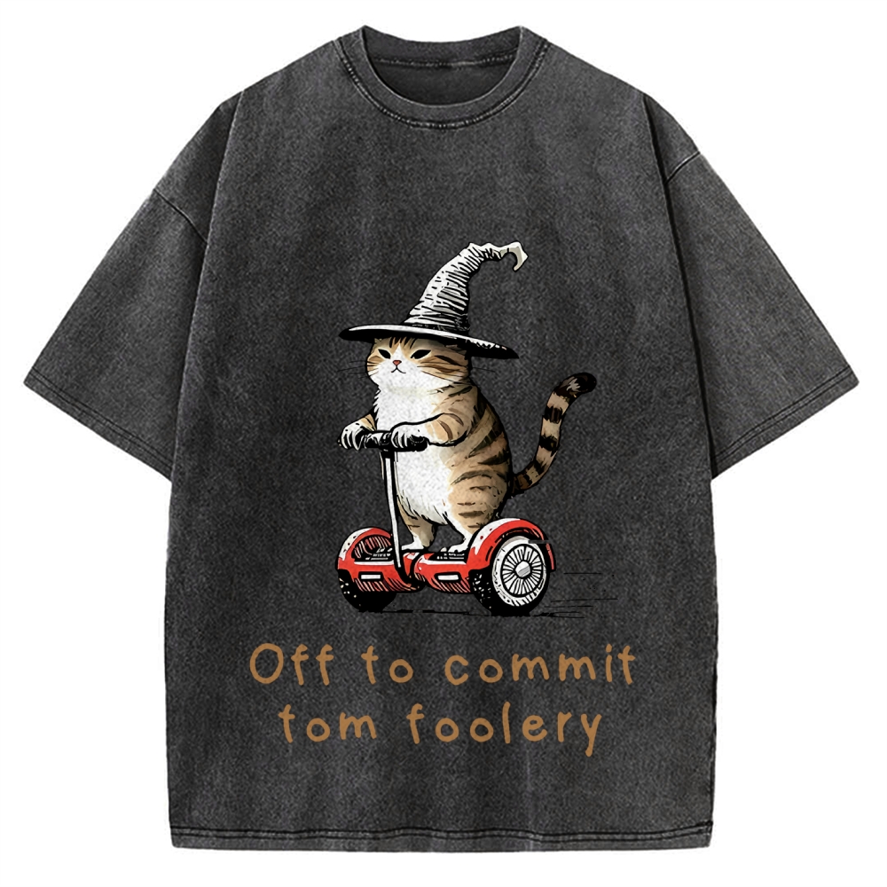 Off To Commit Tom Foolery Cat Vintage Washed T-shirt