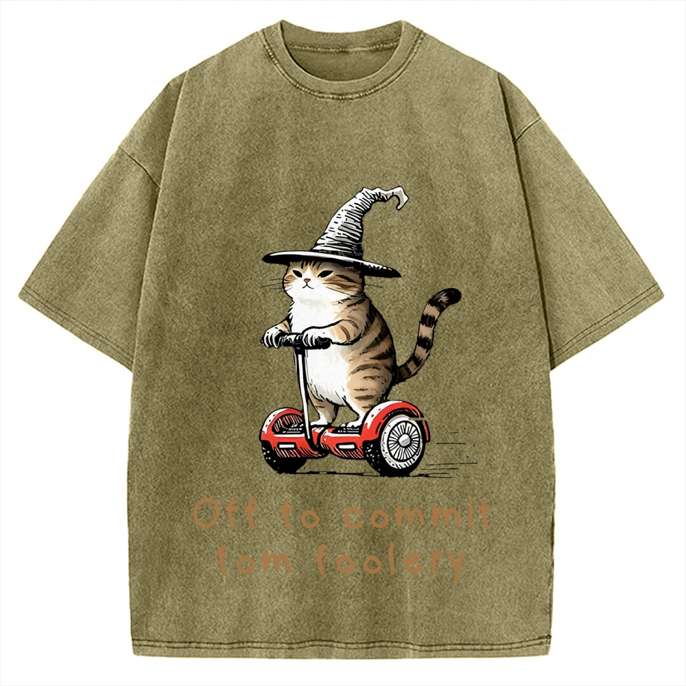 Off To Commit Tom Foolery Cat Vintage Washed T-shirt