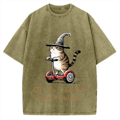 Off To Commit Tom Foolery Cat Vintage Washed T-shirt