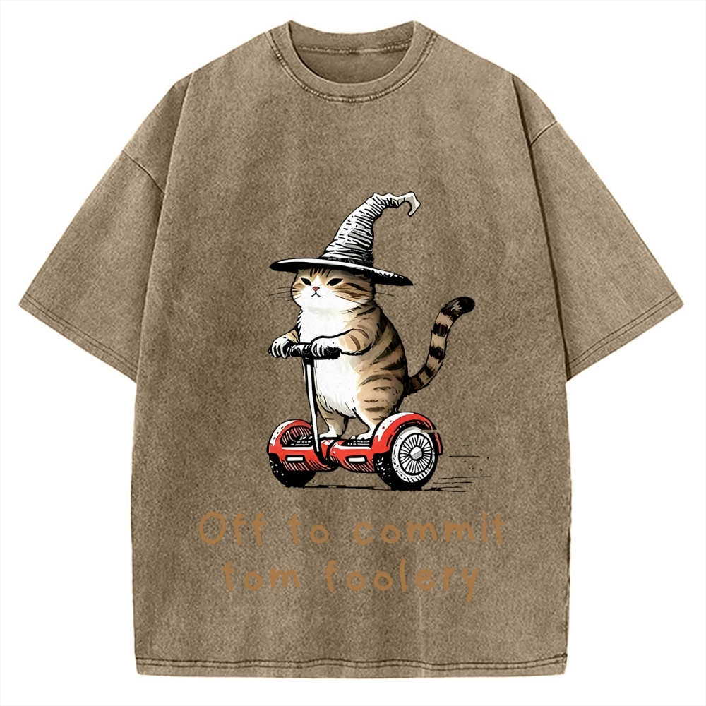 Off To Commit Tom Foolery Cat Vintage Washed T-shirt