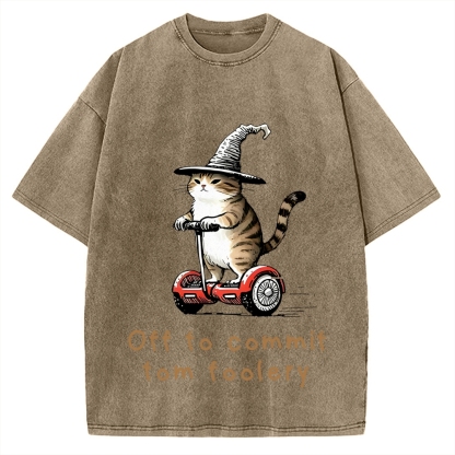 Off To Commit Tom Foolery Cat Vintage Washed T-shirt