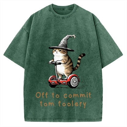 Off To Commit Tom Foolery Cat Vintage Washed T-shirt