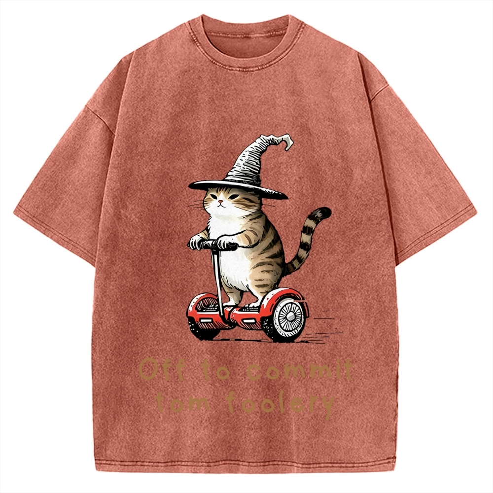 Off To Commit Tom Foolery Cat Vintage Washed T-shirt