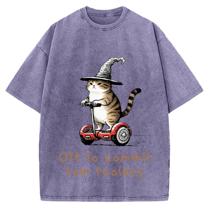 Off To Commit Tom Foolery Cat Vintage Washed T-shirt