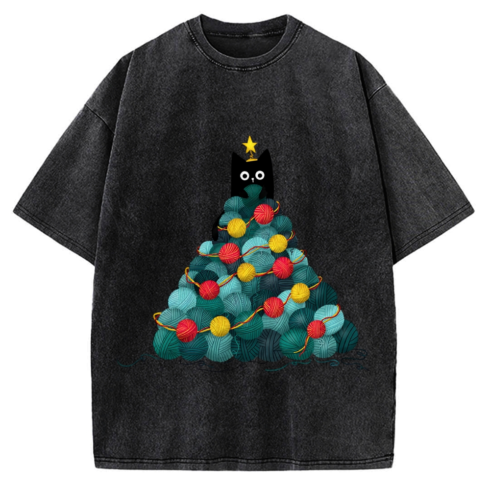 Yarn Christmas Tree Cat Vintage Washed T-shirt