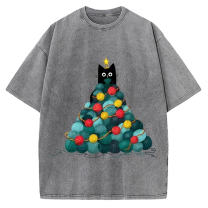Yarn Christmas Tree Cat Vintage Washed T-shirt