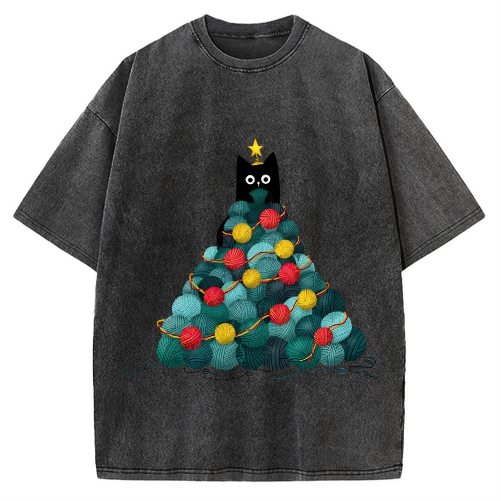 Yarn Christmas Tree Cat Vintage Washed T-shirt