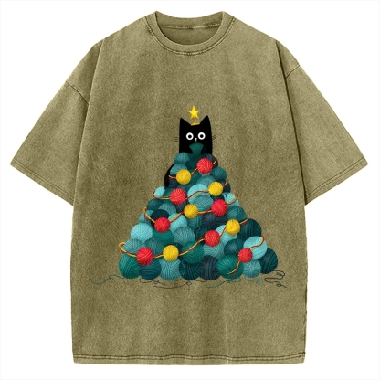 Yarn Christmas Tree Cat Vintage Washed T-shirt