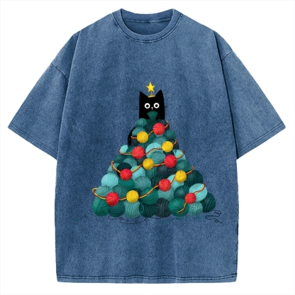 Yarn Christmas Tree Cat Vintage Washed T-shirt