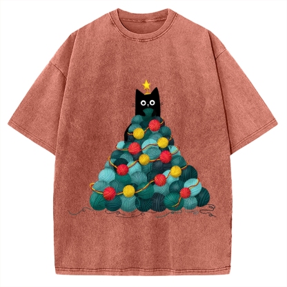 Yarn Christmas Tree Cat Vintage Washed T-shirt