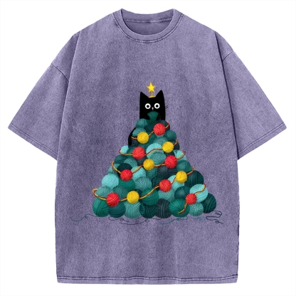 Yarn Christmas Tree Cat Vintage Washed T-shirt