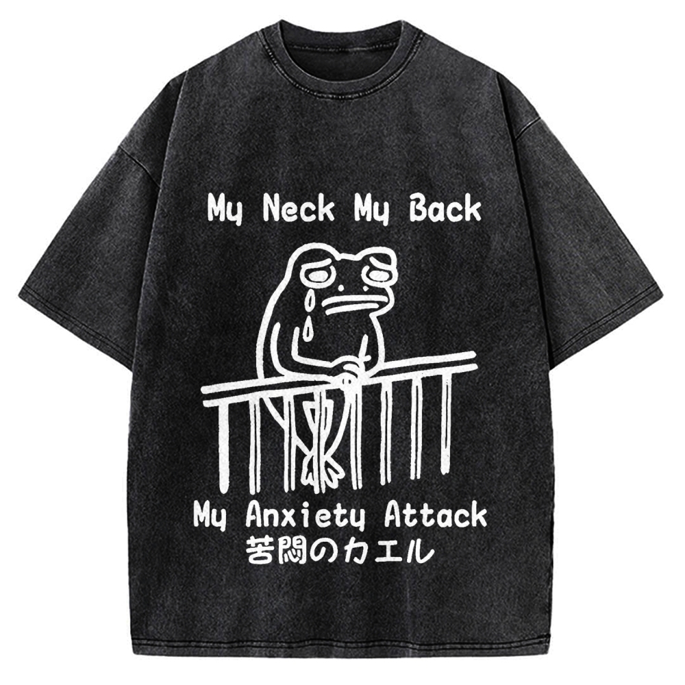 Melancholy frog Japanese my neck my back my anxiety attack Vintage Washed T-shirt