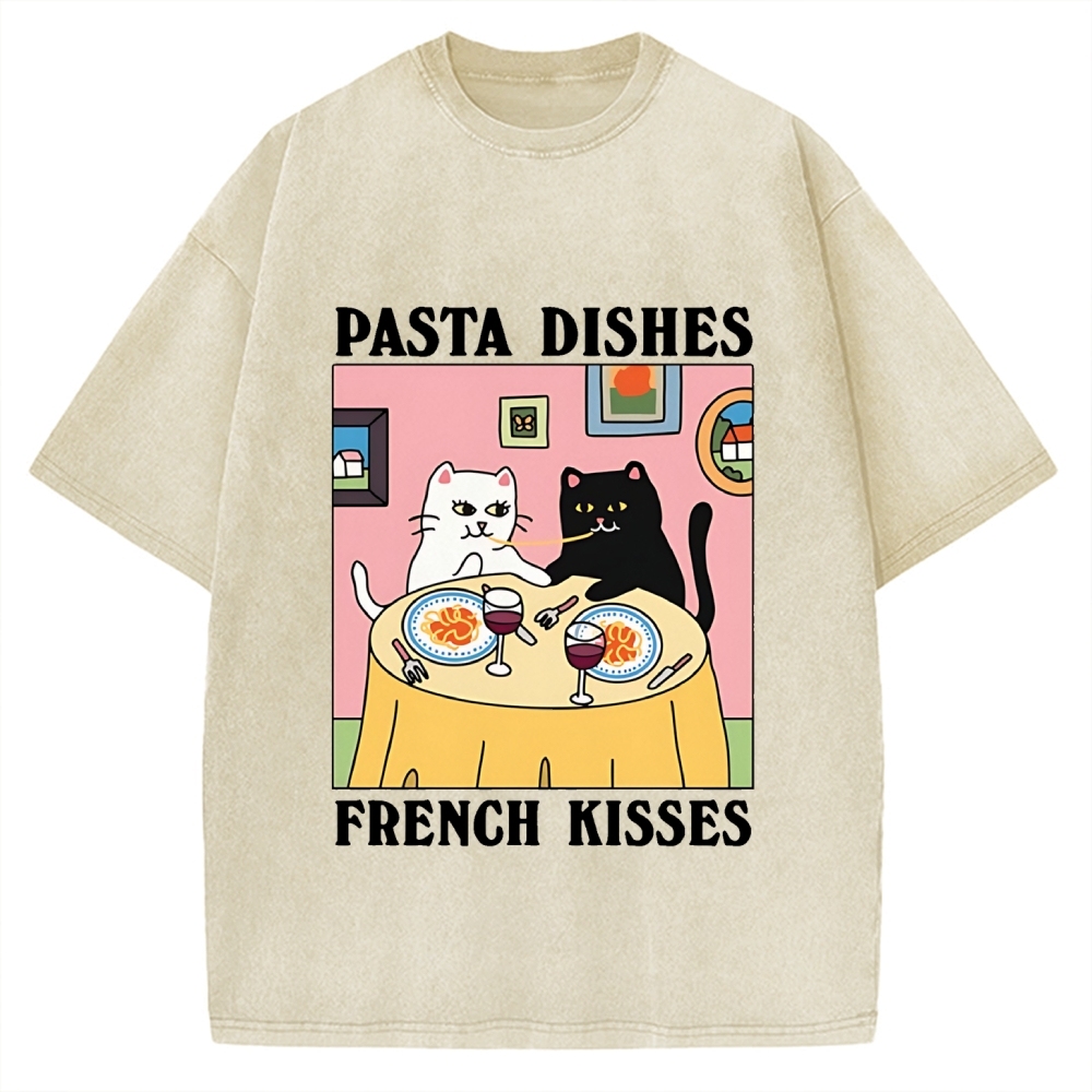 Pasta Dishes French Kisses Cat Vintage Washed T-shirt