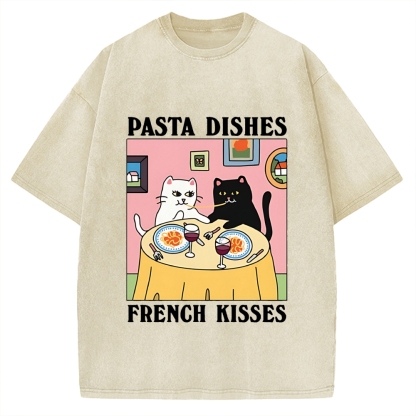 Pasta Dishes French Kisses Cat Vintage Washed T-shirt