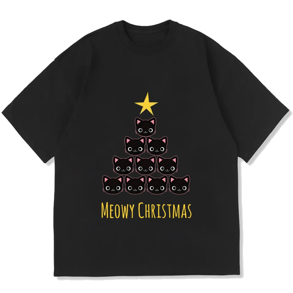 Meow Christmas Tree Cat Cotton casual T-shirt