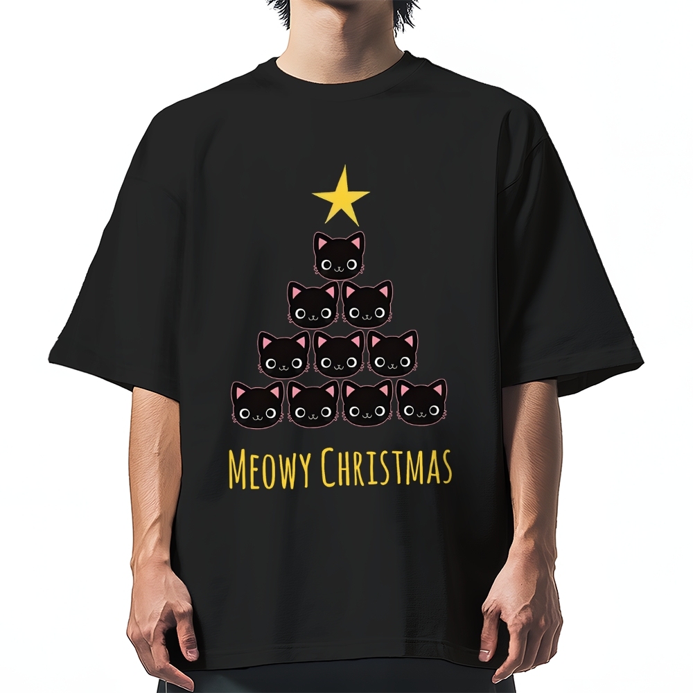 Meow Christmas Tree Cat Cotton casual T-shirt