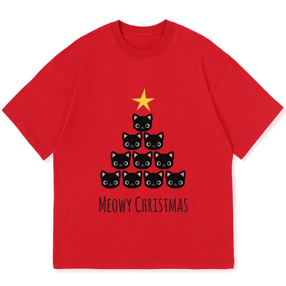Meow Christmas Tree Cat Cotton casual T-shirt
