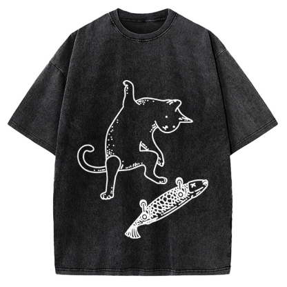 Cat Skateboarding Vintage Washed T-shirt