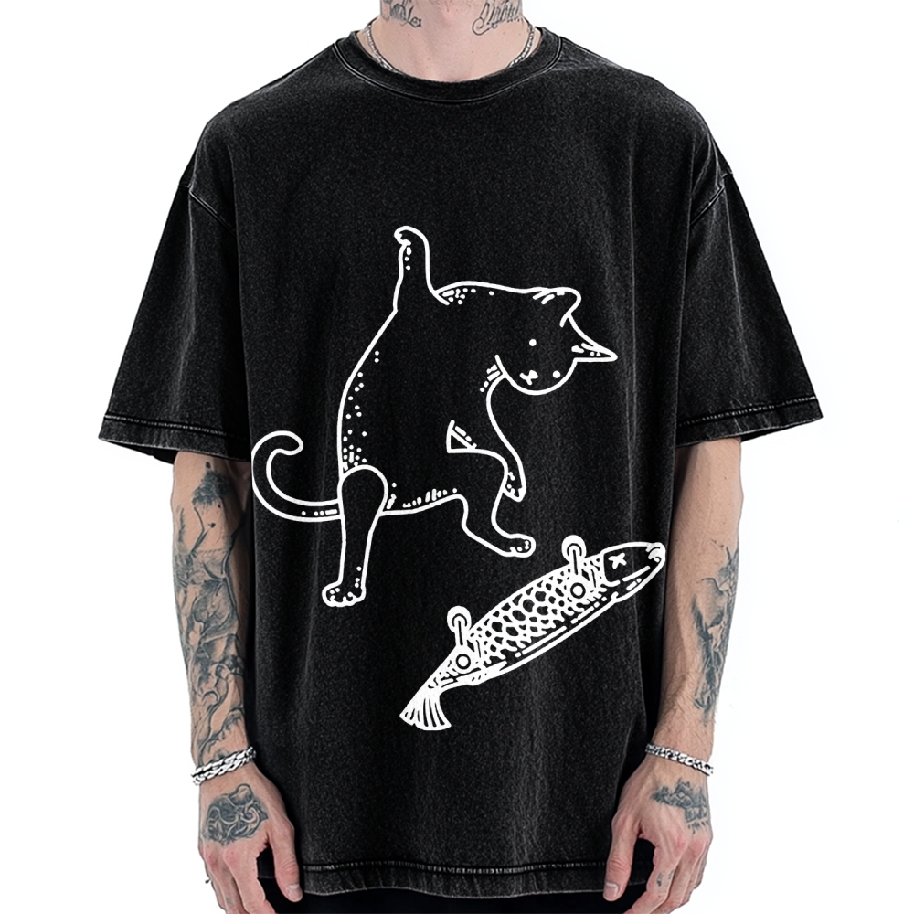 Cat Skateboarding Vintage Washed T-shirt