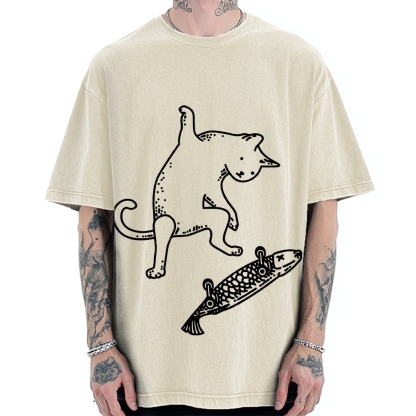 Cat Skateboarding Vintage Washed T-shirt