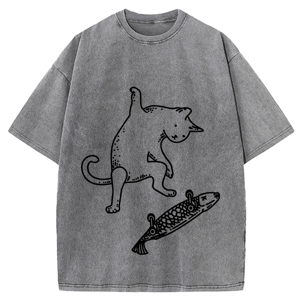 Cat Skateboarding Vintage Washed T-shirt
