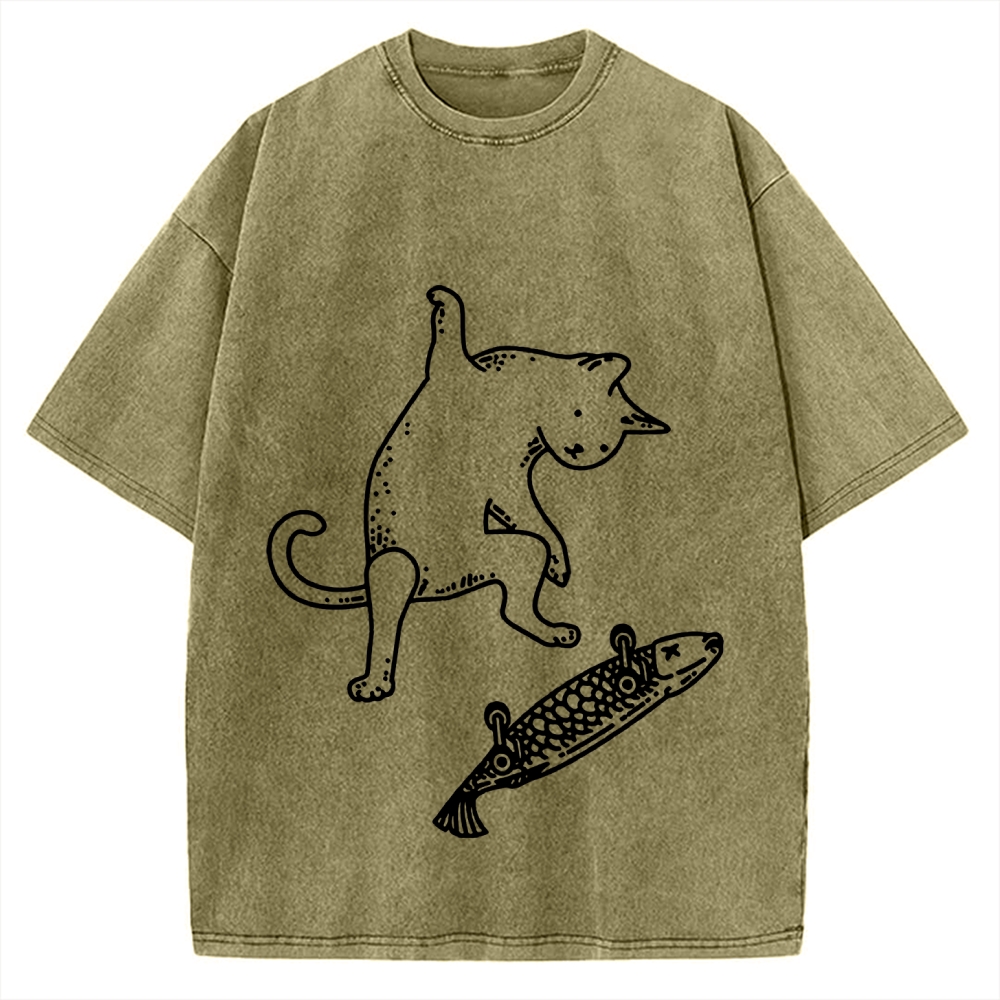 Cat Skateboarding Vintage Washed T-shirt