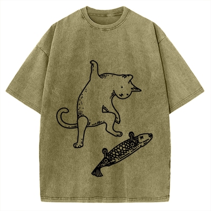 Cat Skateboarding Vintage Washed T-shirt