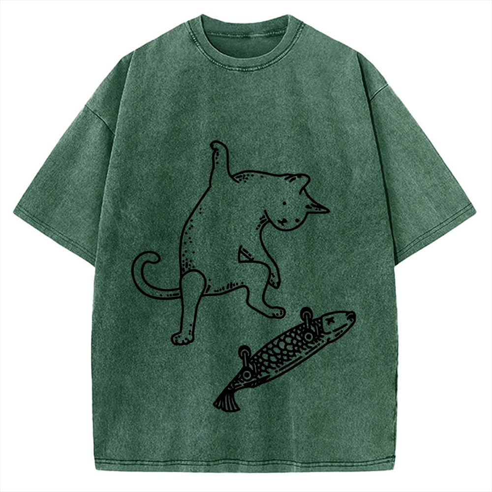 Cat Skateboarding Vintage Washed T-shirt
