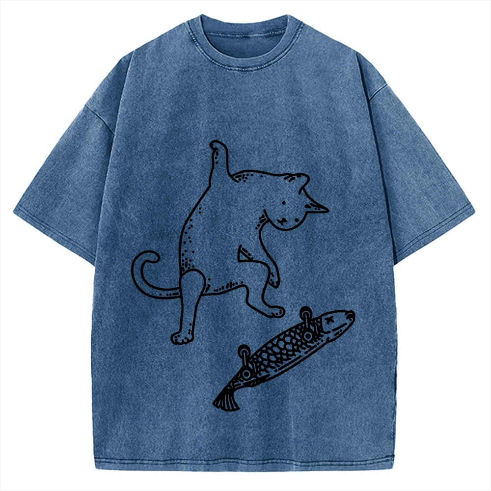 Cat Skateboarding Vintage Washed T-shirt