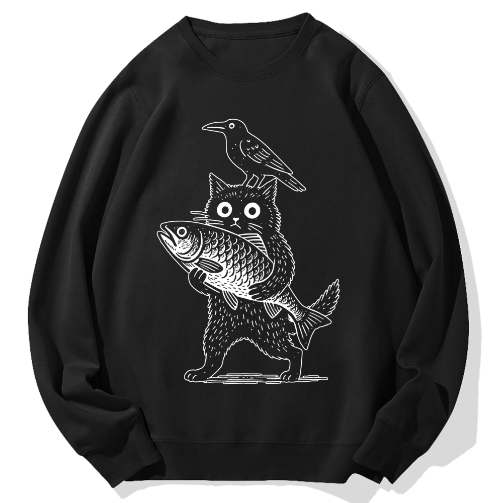 Cat Fish Crow Cotton Sweatshirt