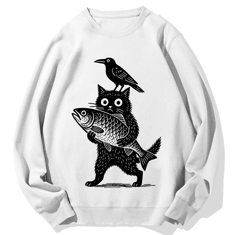 Cat Fish Crow Cotton Sweatshirt
