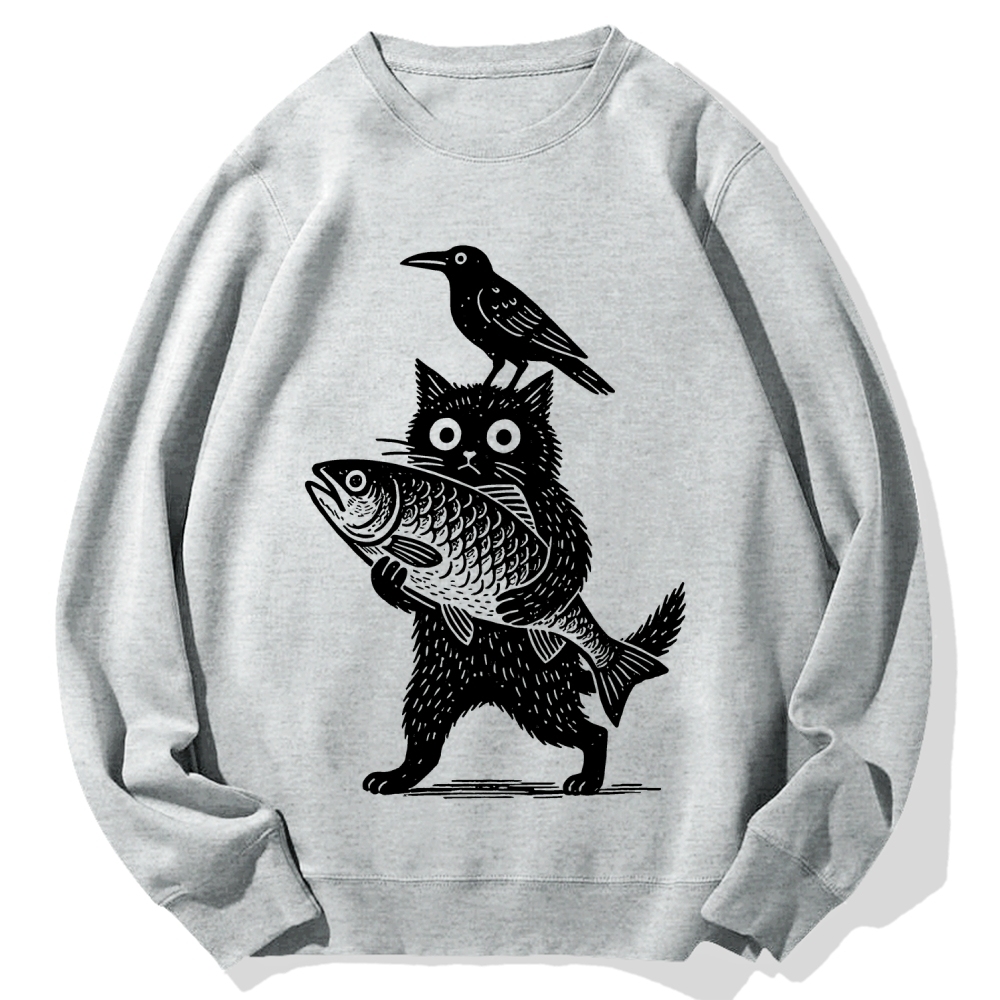 Cat Fish Crow Cotton Sweatshirt