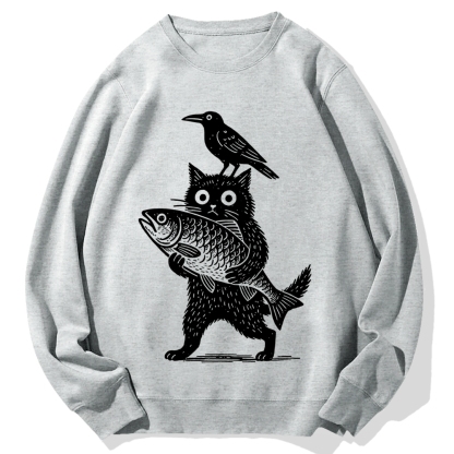 Cat Fish Crow Cotton Sweatshirt