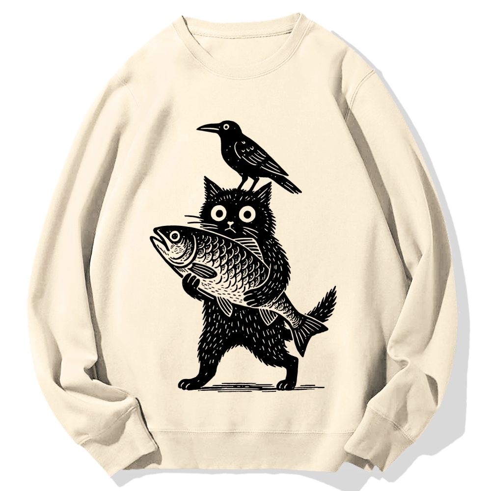 Cat Fish Crow Cotton Sweatshirt