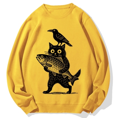 Cat Fish Crow Cotton Sweatshirt