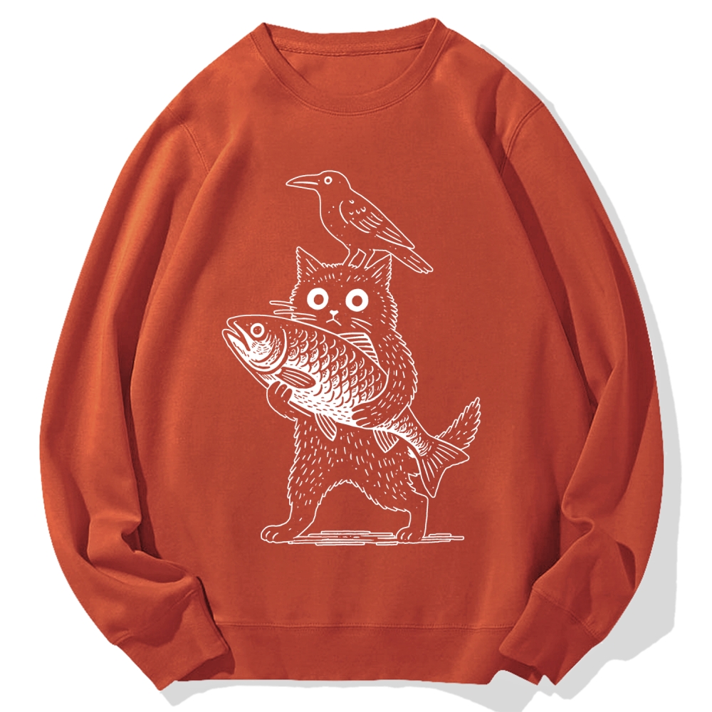 Cat Fish Crow Cotton Sweatshirt