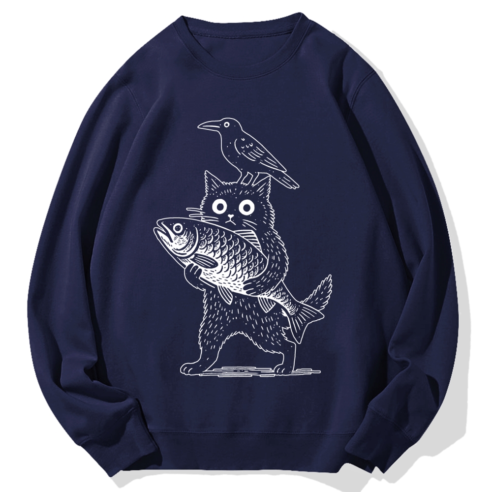 Cat Fish Crow Cotton Sweatshirt