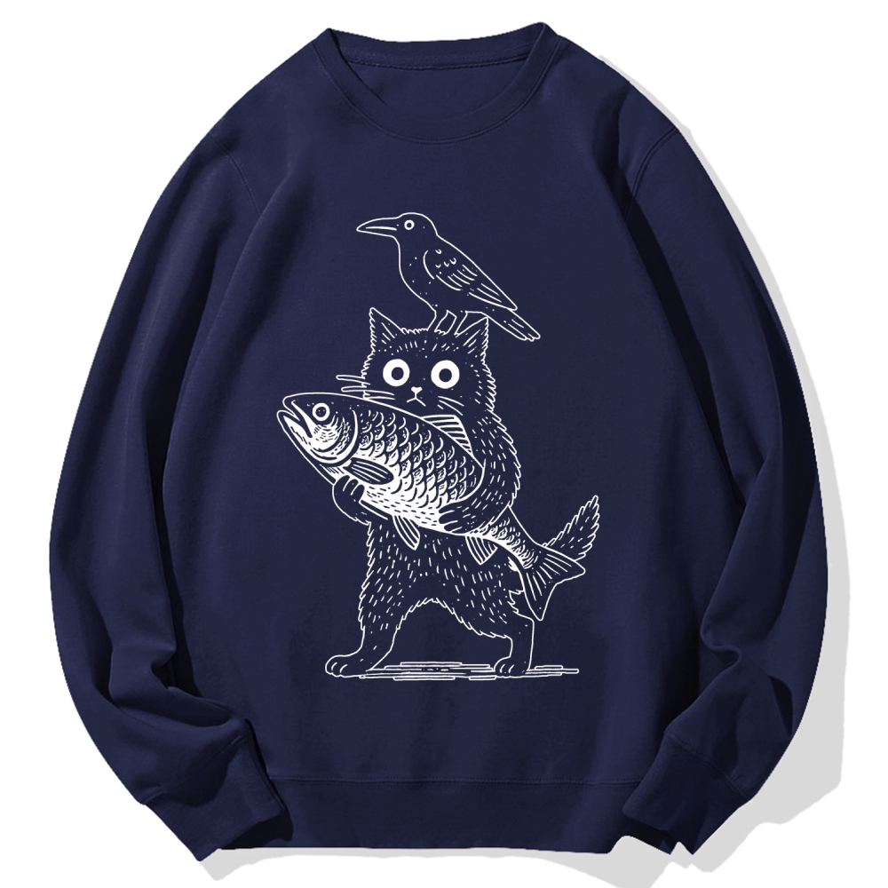 Cat Fish Crow Cotton Sweatshirt